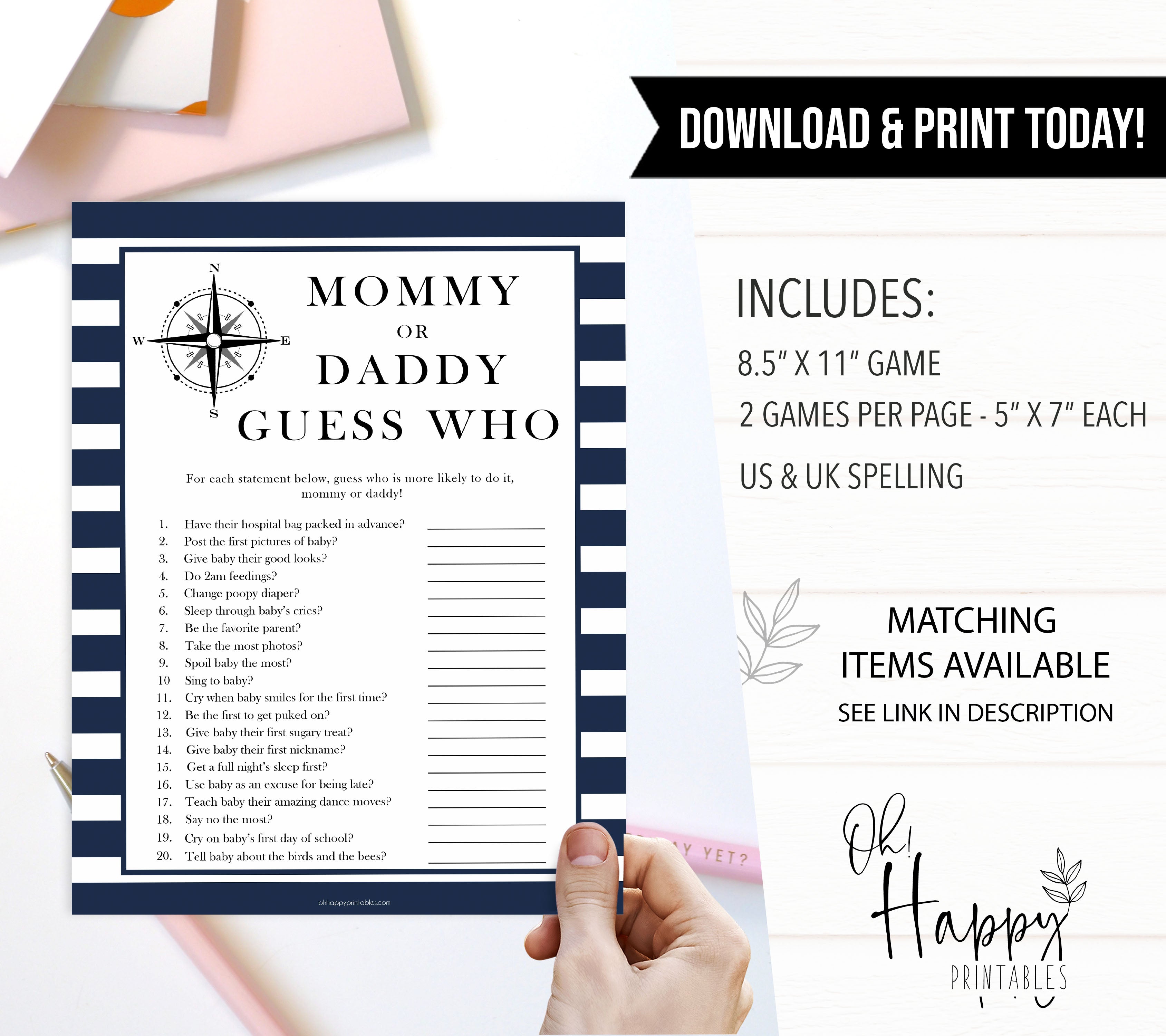 Nautical baby shower games, guess who mommy or daddy baby shower games, printable baby shower games, baby shower games, fun baby games, ahoy its a boy, popular baby shower games, sailor baby games, boat baby games