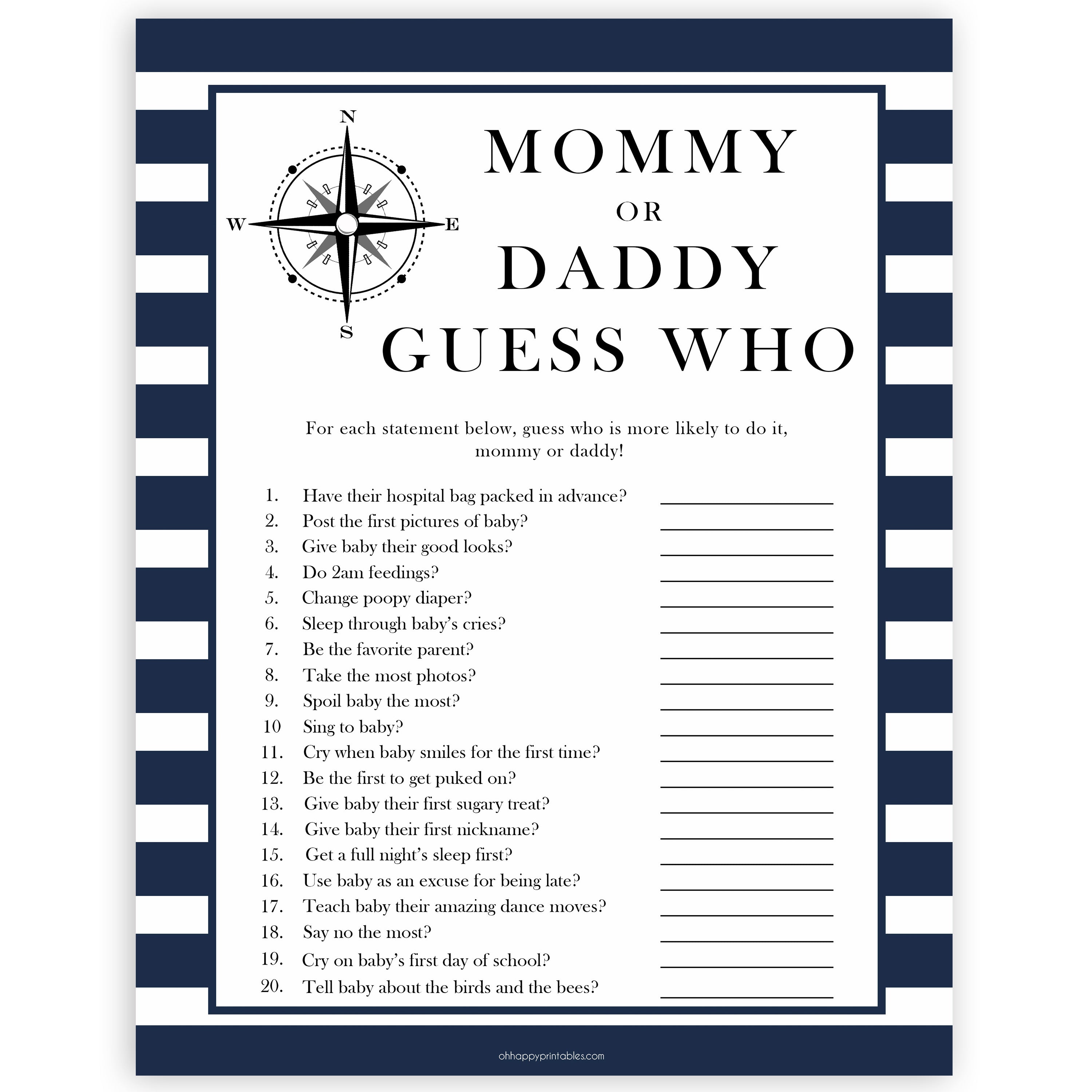 Nautical baby shower games, guess who mommy or daddy baby shower games, printable baby shower games, baby shower games, fun baby games, ahoy its a boy, popular baby shower games, sailor baby games, boat baby games