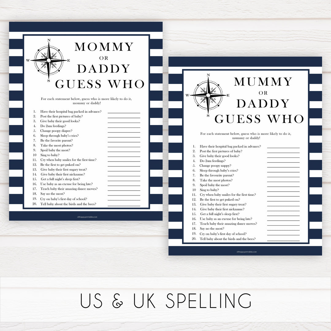 Nautical baby shower games, guess who mommy or daddy baby shower games, printable baby shower games, baby shower games, fun baby games, ahoy its a boy, popular baby shower games, sailor baby games, boat baby games