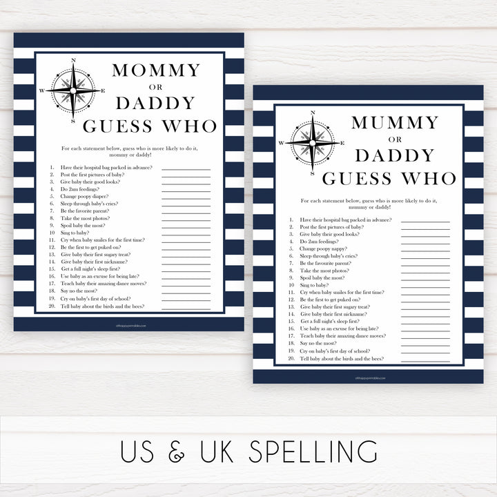 Nautical baby shower games, guess who mommy or daddy baby shower games, printable baby shower games, baby shower games, fun baby games, ahoy its a boy, popular baby shower games, sailor baby games, boat baby games