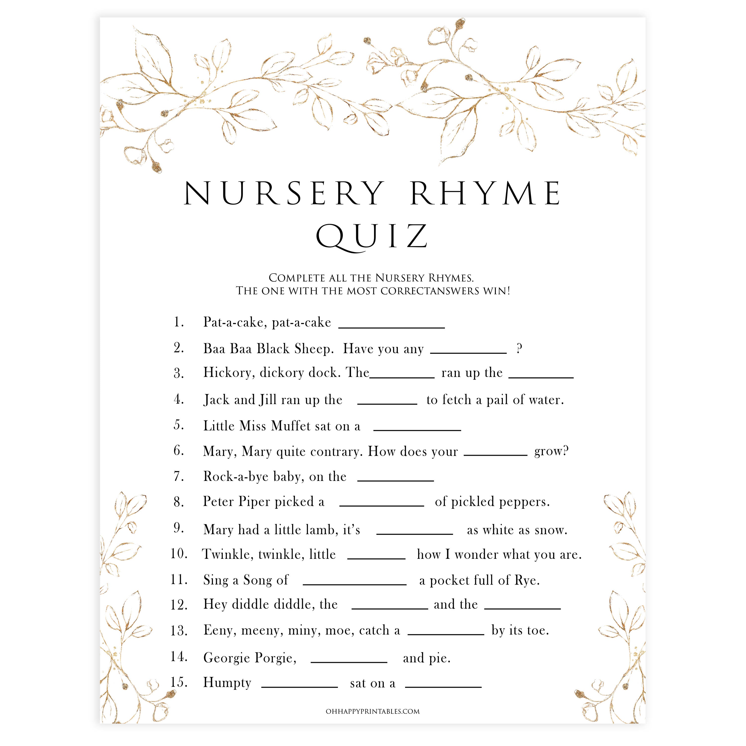nursery rhyme quiz game, Printable baby shower games, gold leaf baby games, baby shower games, fun baby shower ideas, top baby shower ideas, gold leaf baby shower, baby shower games, fun gold leaf baby shower ideas