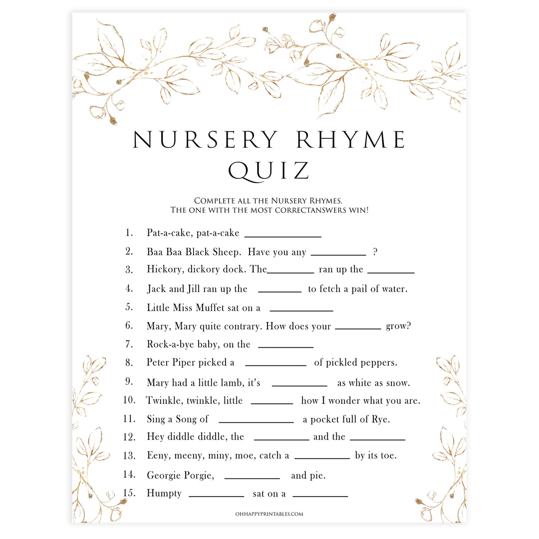 nursery rhyme quiz game, Printable baby shower games, gold leaf baby games, baby shower games, fun baby shower ideas, top baby shower ideas, gold leaf baby shower, baby shower games, fun gold leaf baby shower ideas