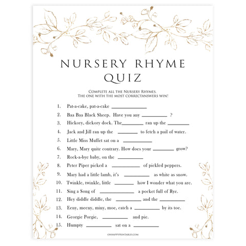 nursery rhyme quiz game, Printable baby shower games, gold leaf baby games, baby shower games, fun baby shower ideas, top baby shower ideas, gold leaf baby shower, baby shower games, fun gold leaf baby shower ideas