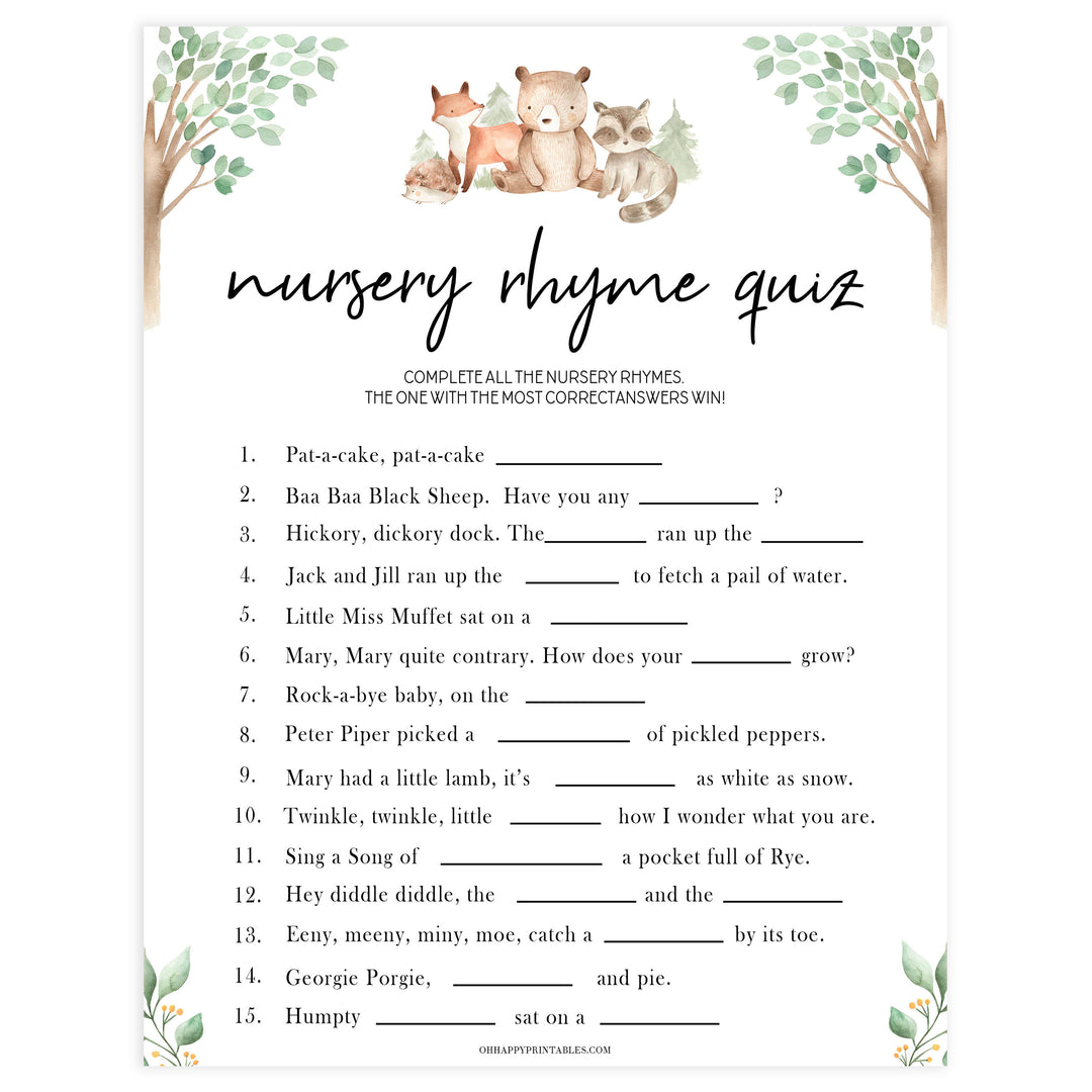 nursery rhyme baby game, Printable baby shower games, woodland animals baby games, baby shower games, fun baby shower ideas, top baby shower ideas, woodland baby shower, baby shower games, fun woodland animals baby shower ideas