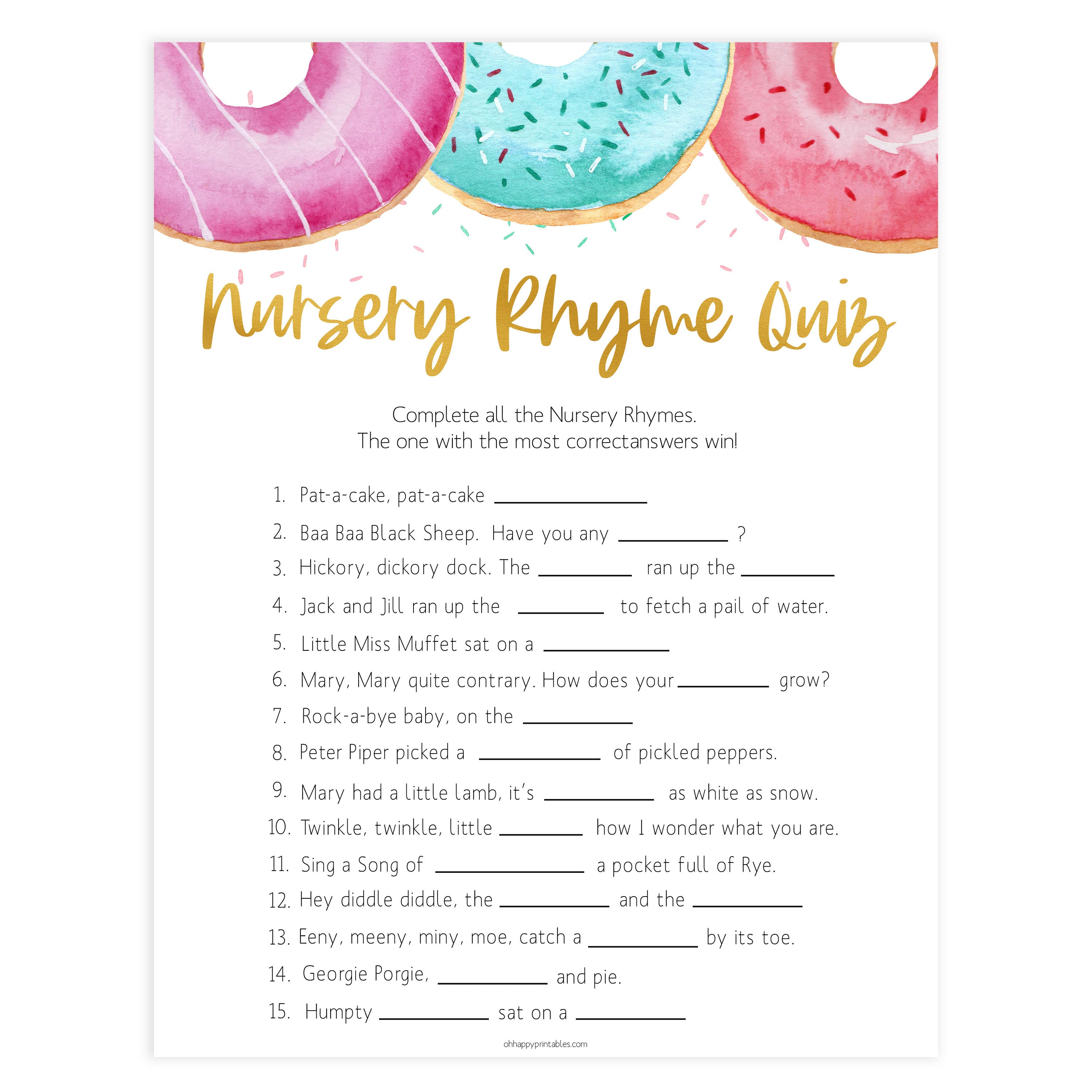 nursery rhyme quiz game, Printable baby shower games, donut baby games, baby shower games, fun baby shower ideas, top baby shower ideas, donut sprinkles baby shower, baby shower games, fun donut baby shower ideas