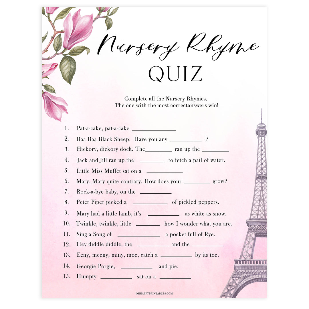 nursery rhyme baby game, Paris baby shower games, printable baby shower games, Parisian baby shower games, fun baby shower games