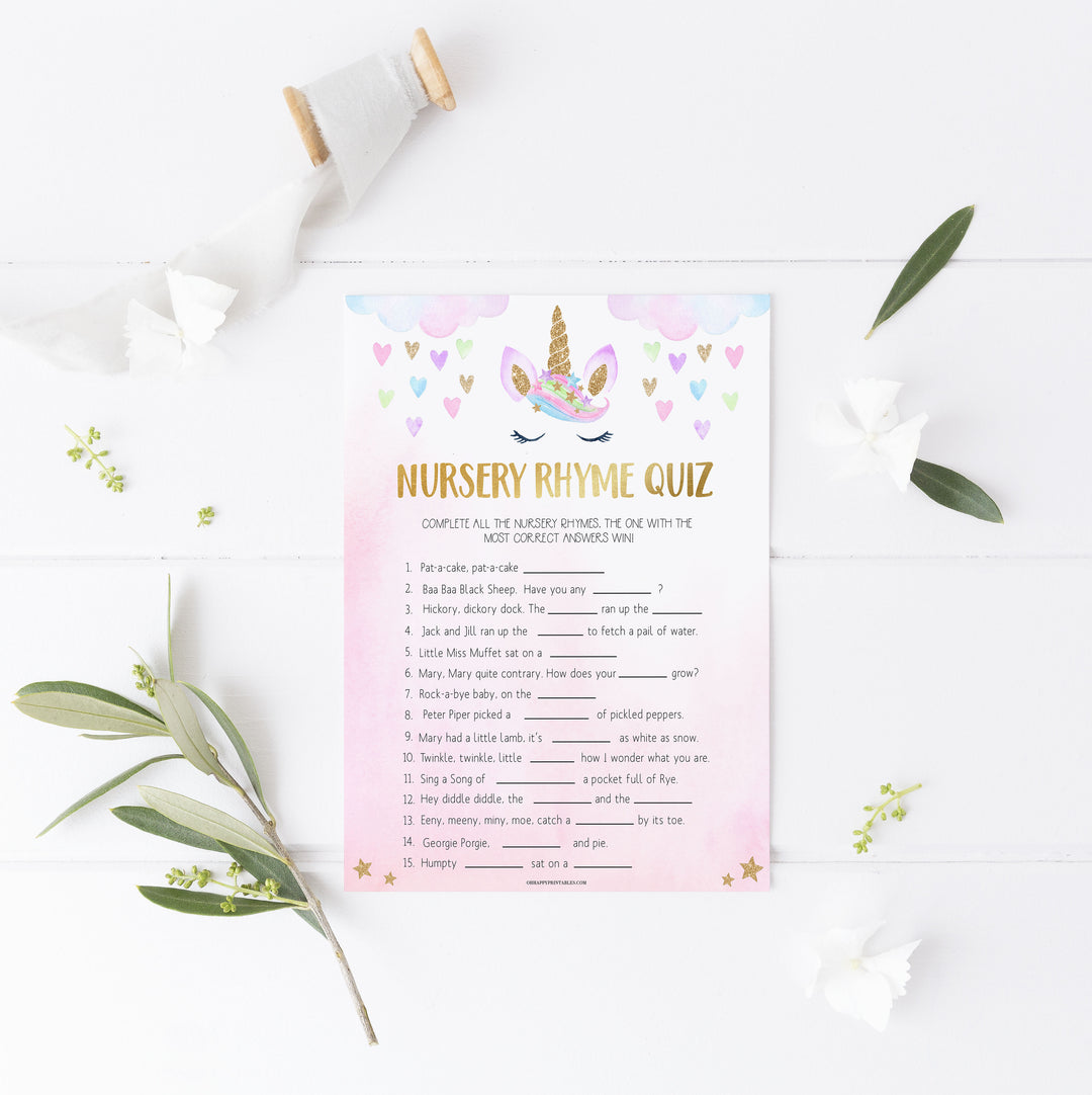 nursery rhyme quiz game, Printable baby shower games, unicorn baby games, baby shower games, fun baby shower ideas, top baby shower ideas, unicorn baby shower, baby shower games, fun unicorn baby shower ideas