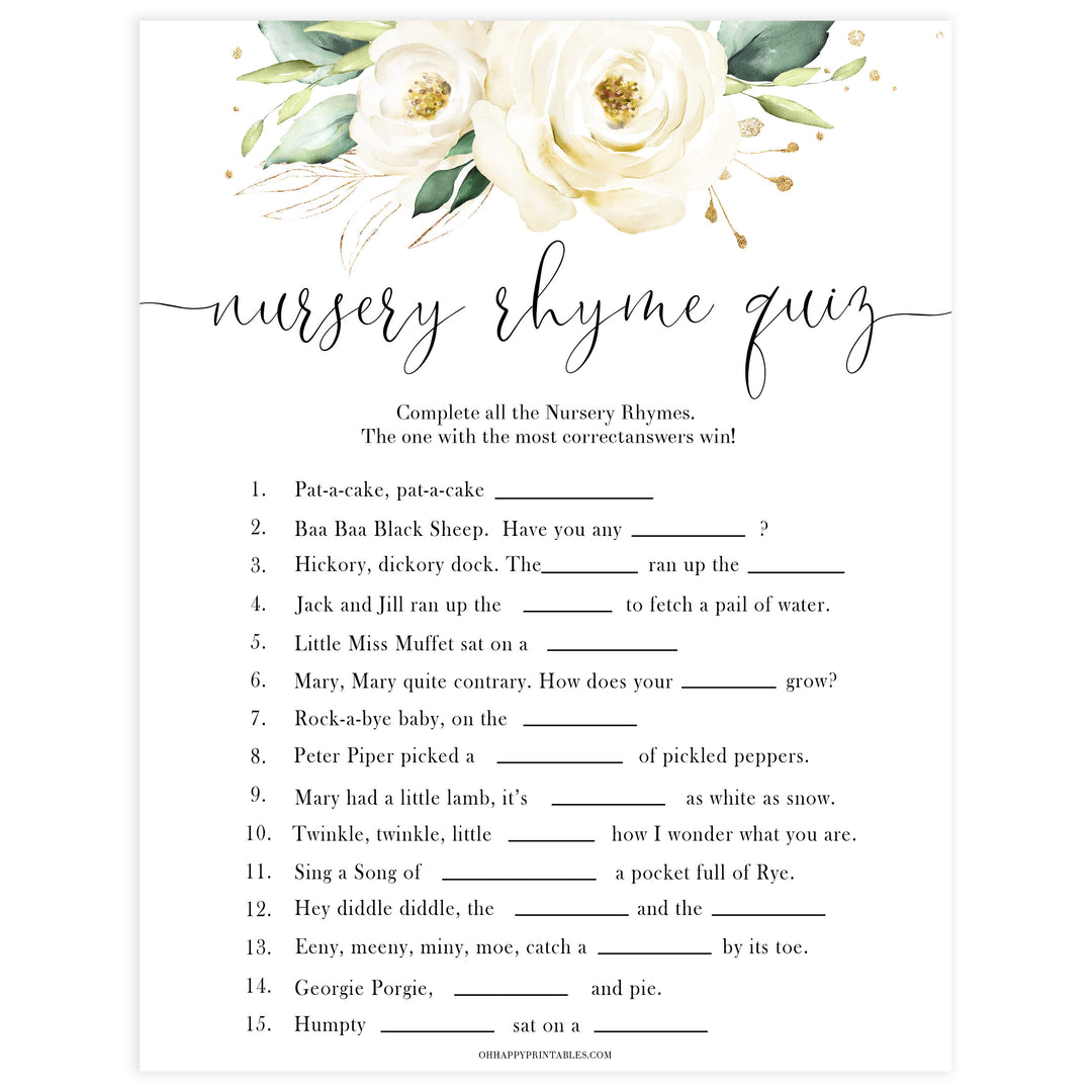 nursery rhyme quiz game, Printable baby shower games, shite floral baby games, baby shower games, fun baby shower ideas, top baby shower ideas, floral baby shower, baby shower games, fun floral baby shower ideas