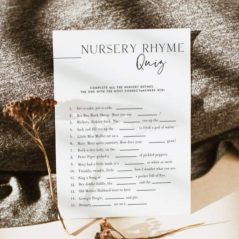 Printable baby shower game Nursery Rhyme Quiz with a modern minimalist design
