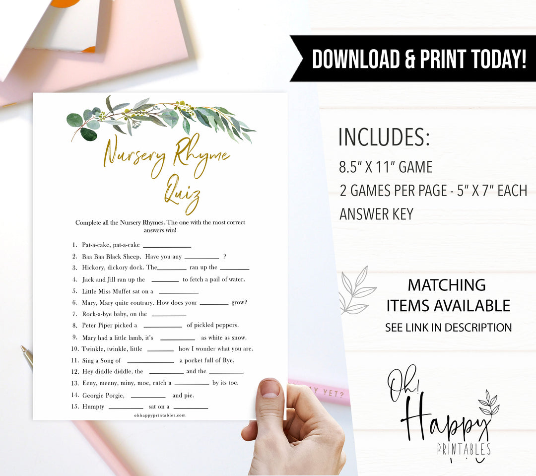 Eucalyptus baby shower games, nursery rhyme quiz baby game, fun baby shower games, printable baby games, baby shower ideas, baby games, baby shower baby shower bundle, baby shower games packs, botanical baby shower