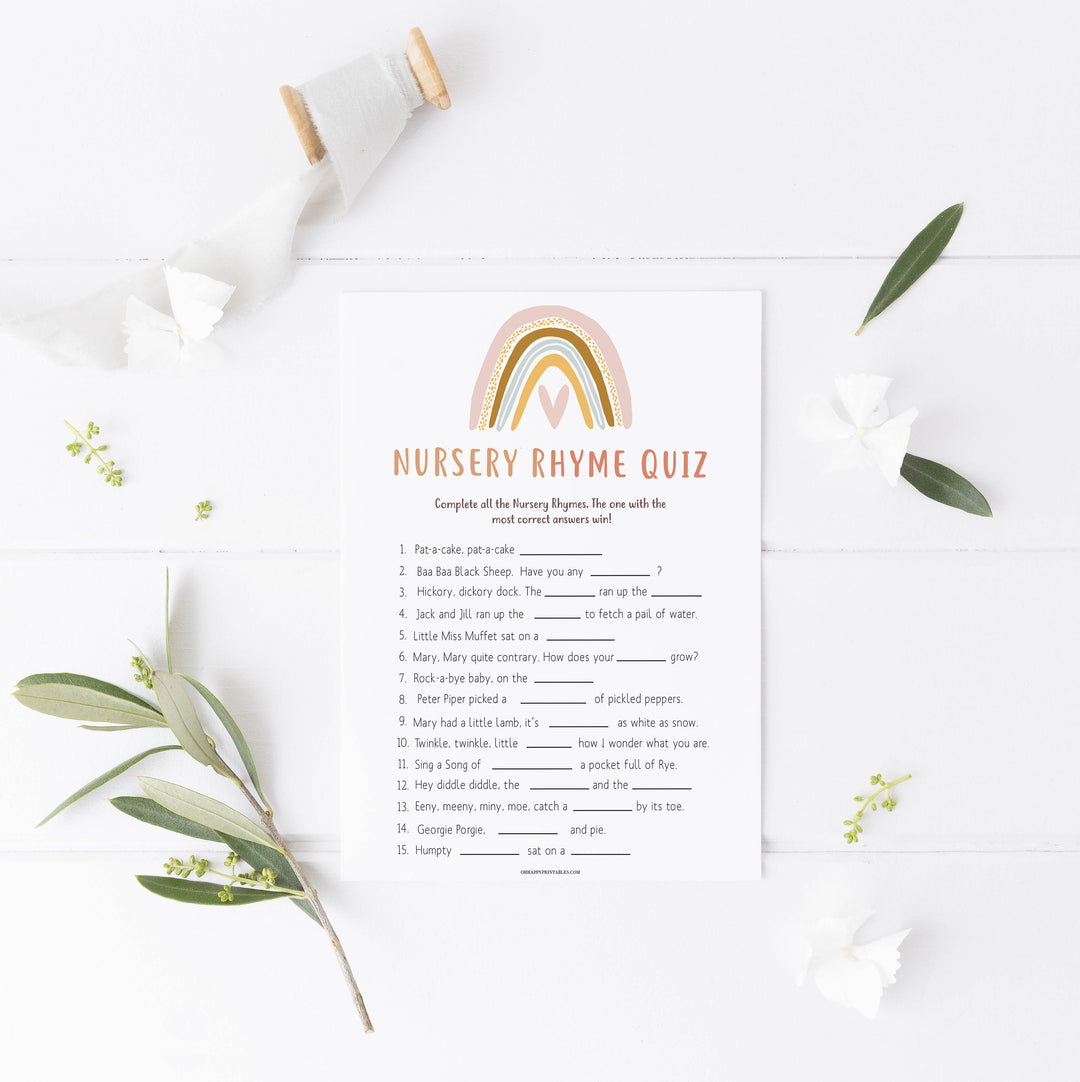 nursery rhyme quiz game, Printable baby shower games, boho rainbow baby games, baby shower games, fun baby shower ideas, top baby shower ideas, boho rainbow baby shower, baby shower games, fun boho rainbow baby shower ideas