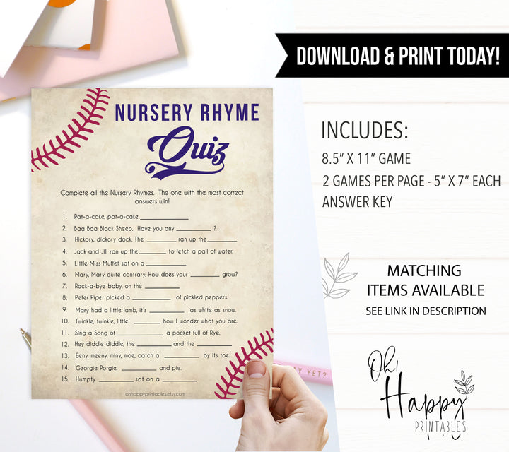 Baseball Nursery Rhyme Quiz, Baby Shower Games, Baseball Guess the Bursery Rhyme, Baby Song Games, Baseball Nursery Rhyme Game, printable baby shower games, fun baby shower games, popular baby shower games