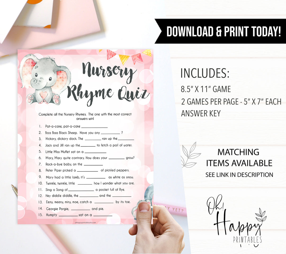 pink elephant baby games, nursery rhyme quiz baby shower games, printable baby shower games, baby shower games, fun baby games, popular baby games, pink baby games