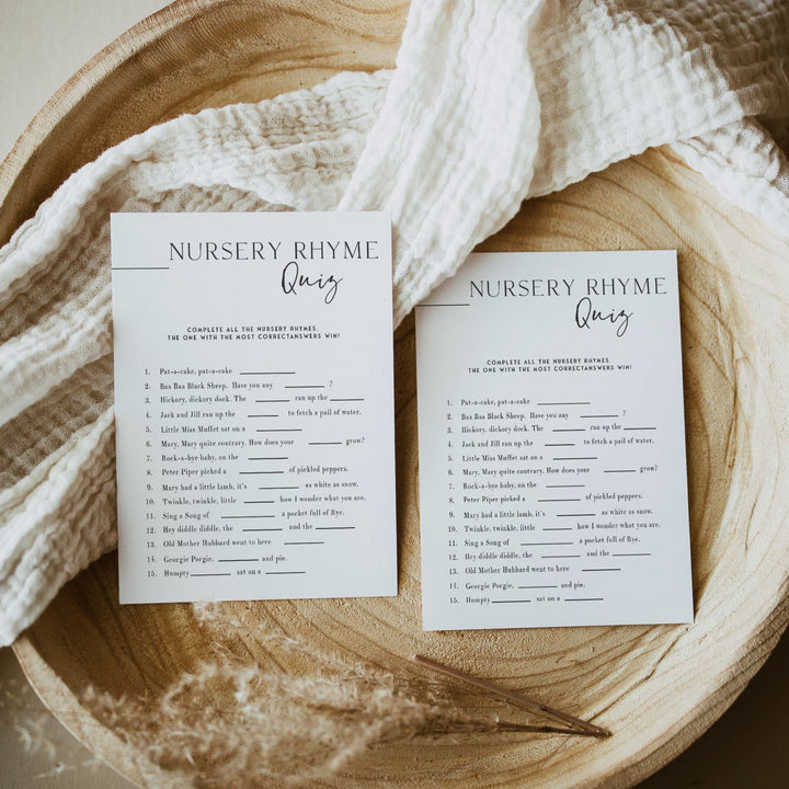 Printable baby shower game Nursery Rhyme Quiz with a modern minimalist design