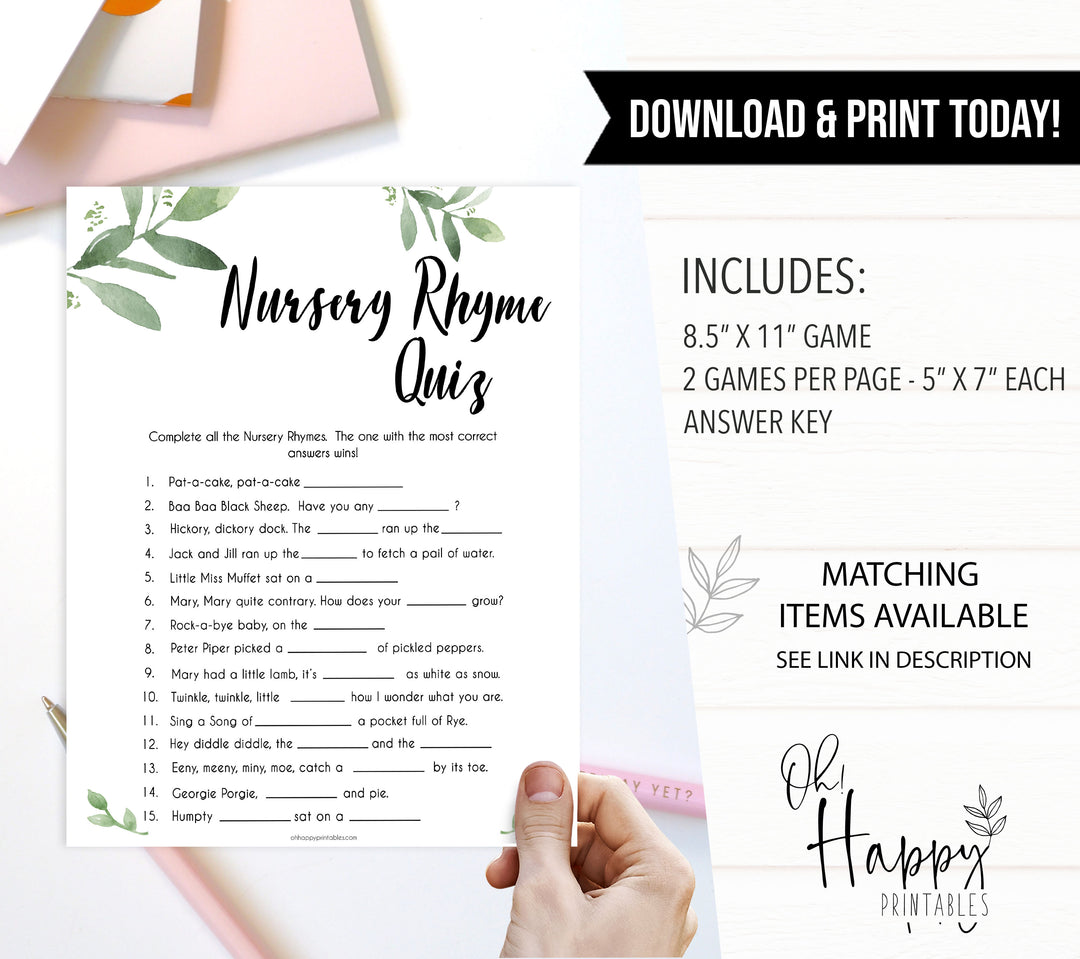 botanical nursery rhyme quiz, printable baby shower games, baby games, fun baby games, popular baby games