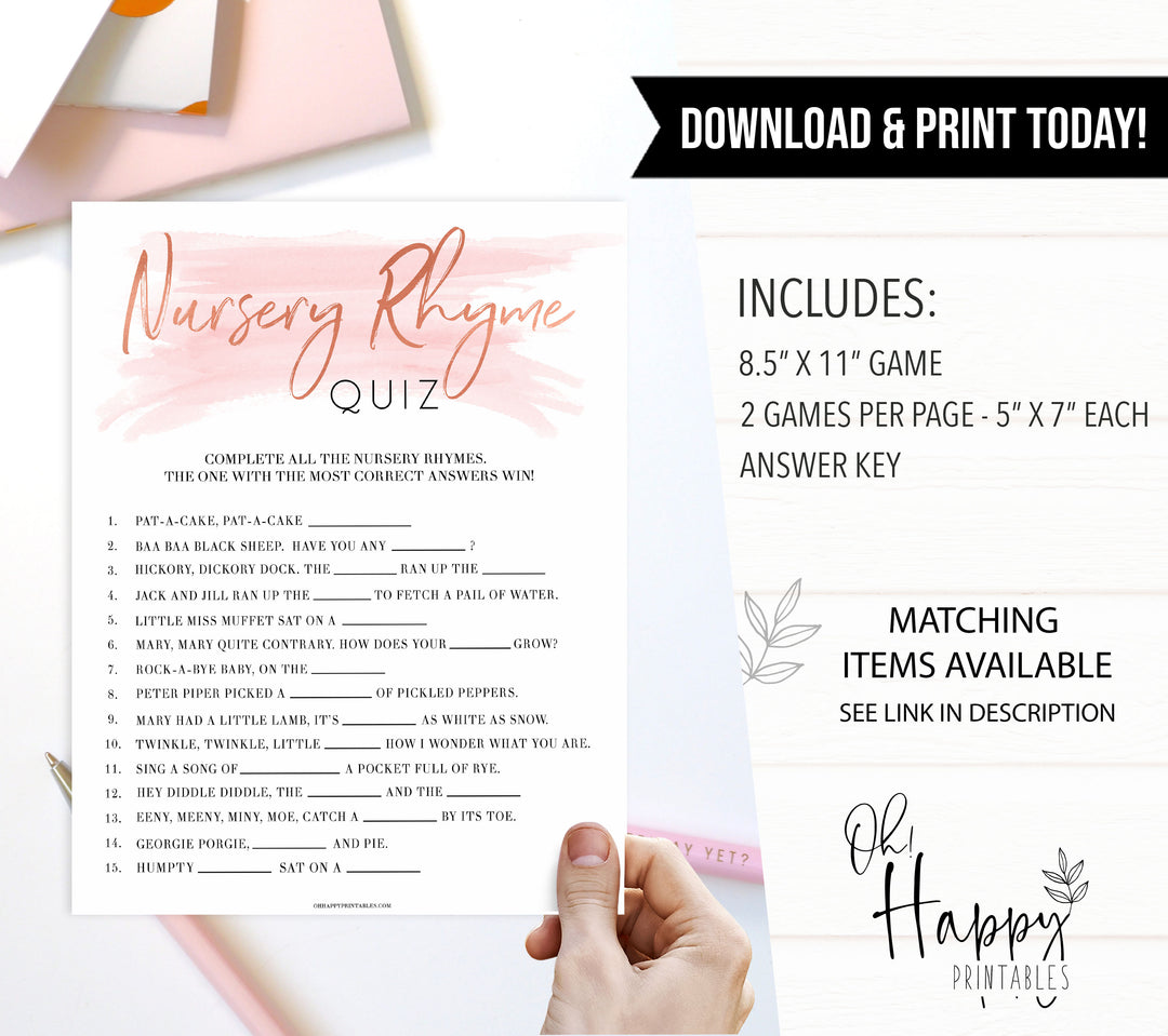 Pink Swash Nursery Rhyme Quiz, Baby Shower Games, Guess Nursery Rhyme, Printable Baby Shower Games, Baby Shower Games, Nursery Rhyme, fun baby shower games, printable baby shower games, popular baby shower games