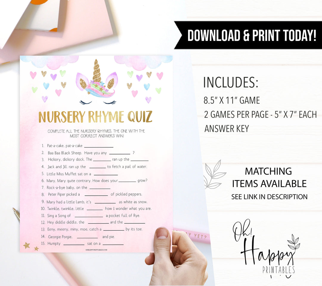 nursery rhyme quiz game, Printable baby shower games, unicorn baby games, baby shower games, fun baby shower ideas, top baby shower ideas, unicorn baby shower, baby shower games, fun unicorn baby shower ideas