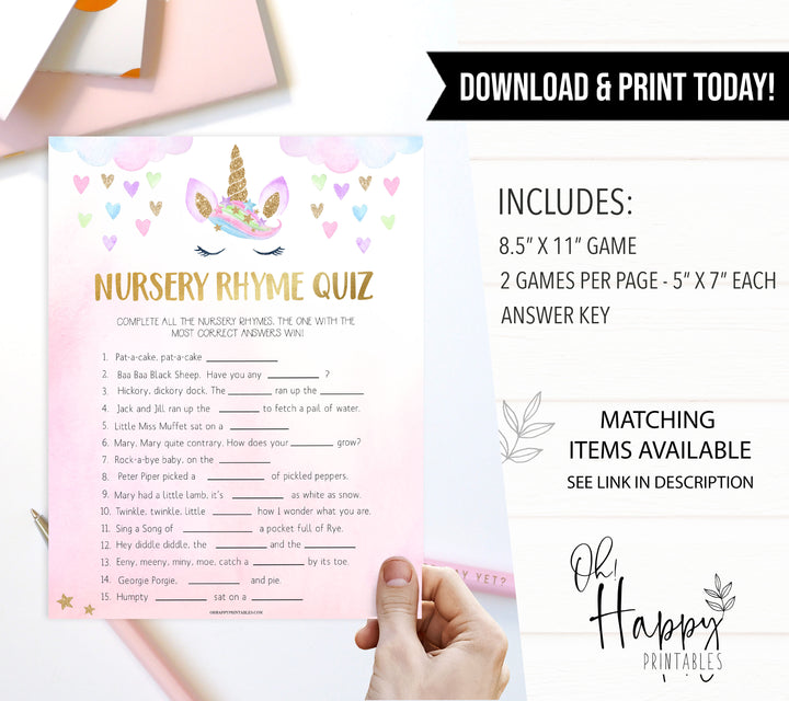 nursery rhyme quiz game, Printable baby shower games, unicorn baby games, baby shower games, fun baby shower ideas, top baby shower ideas, unicorn baby shower, baby shower games, fun unicorn baby shower ideas
