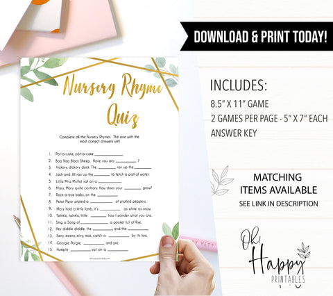 gold geometric nursery rhyme quiz baby shower games, printable baby shower games, fun baby games, popular baby games, gold baby games