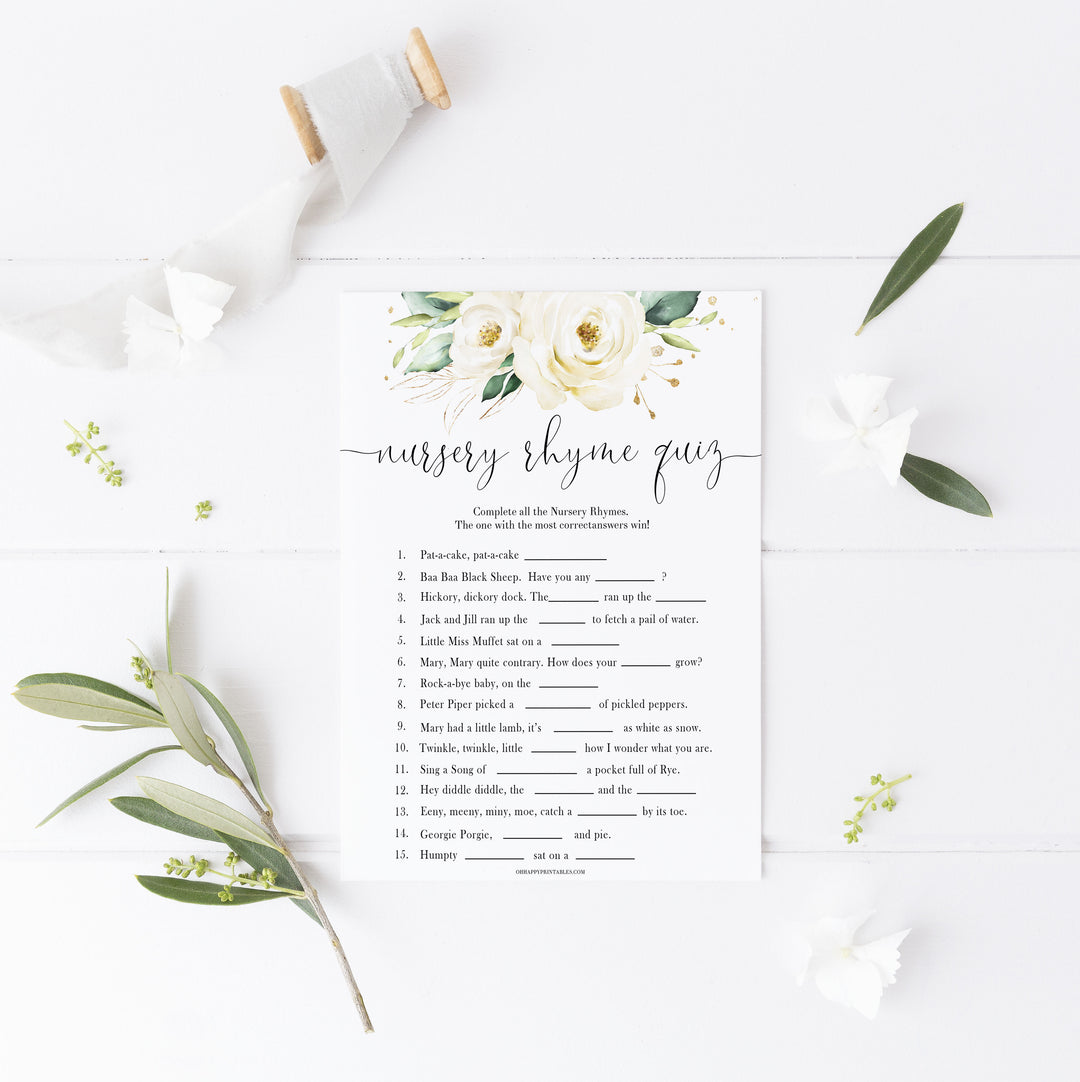 nursery rhyme quiz game, Printable baby shower games, shite floral baby games, baby shower games, fun baby shower ideas, top baby shower ideas, floral baby shower, baby shower games, fun floral baby shower ideas