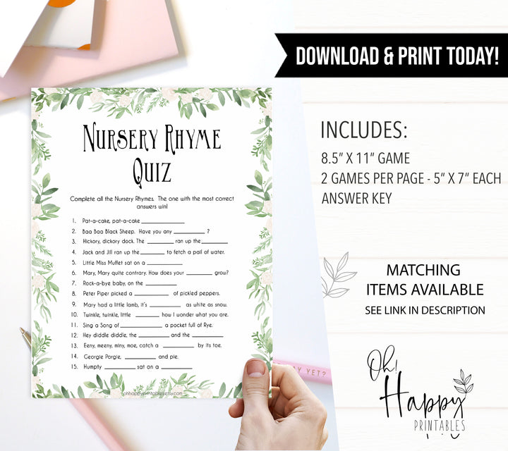 Nursery Rhyme Quiz, Baby Shower Games, Guess Nursery Rhyme Game, Greenery Baby Shower, Fun Baby Shower Games, Name that Nursery Rhyme, printable baby games, fun baby games, popular baby games