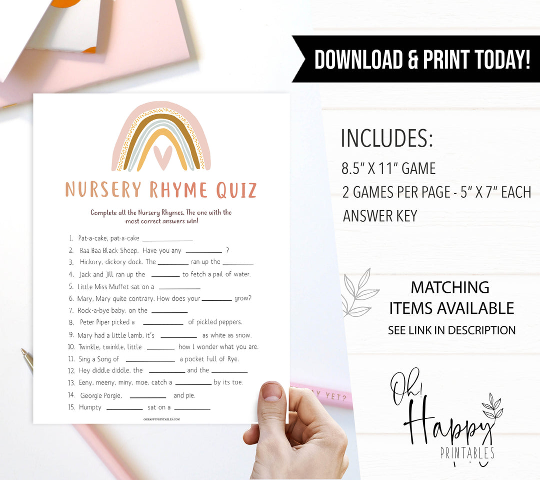 nursery rhyme quiz game, Printable baby shower games, boho rainbow baby games, baby shower games, fun baby shower ideas, top baby shower ideas, boho rainbow baby shower, baby shower games, fun boho rainbow baby shower ideas