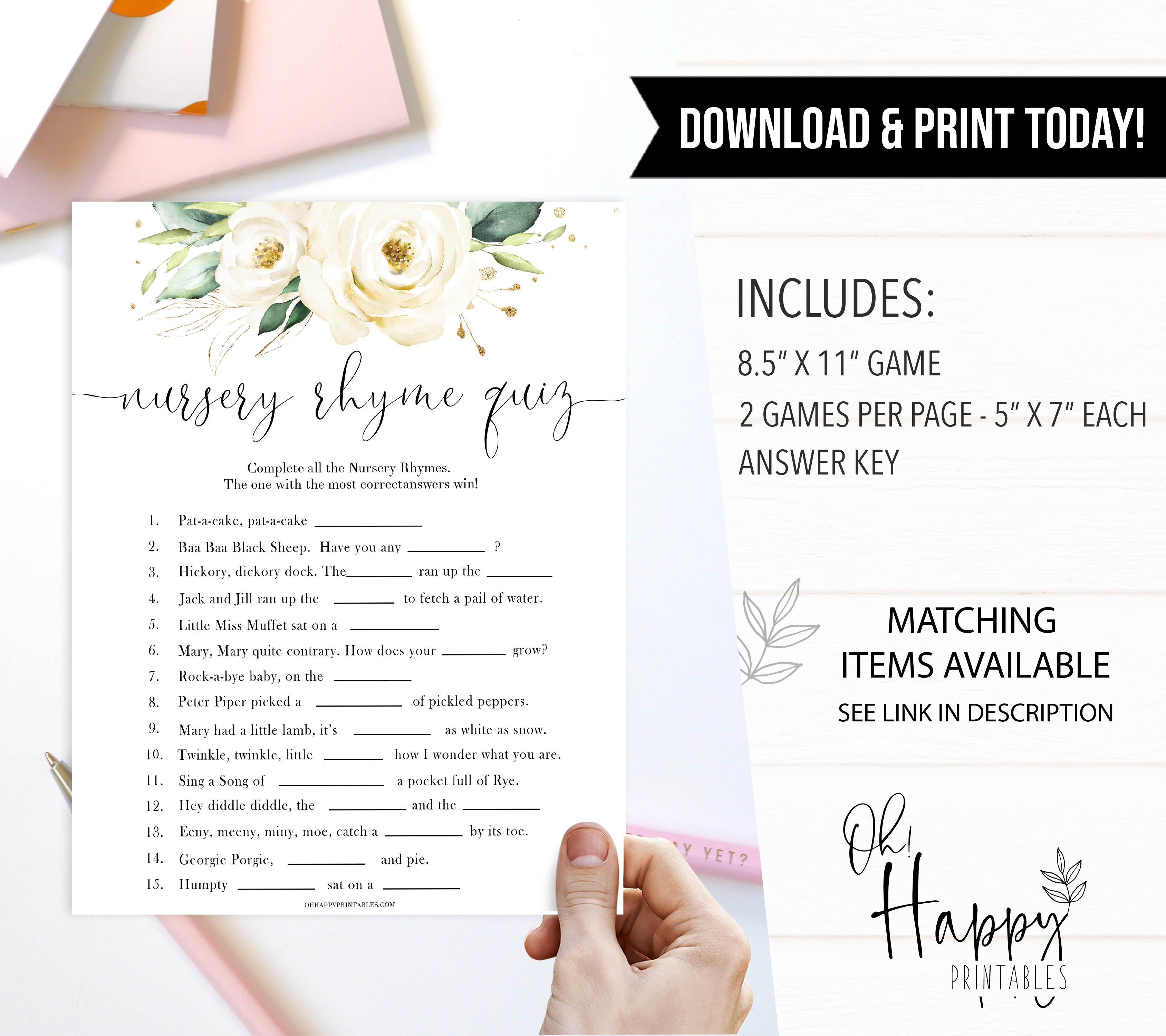 nursery rhyme quiz game, Printable baby shower games, shite floral baby games, baby shower games, fun baby shower ideas, top baby shower ideas, floral baby shower, baby shower games, fun floral baby shower ideas