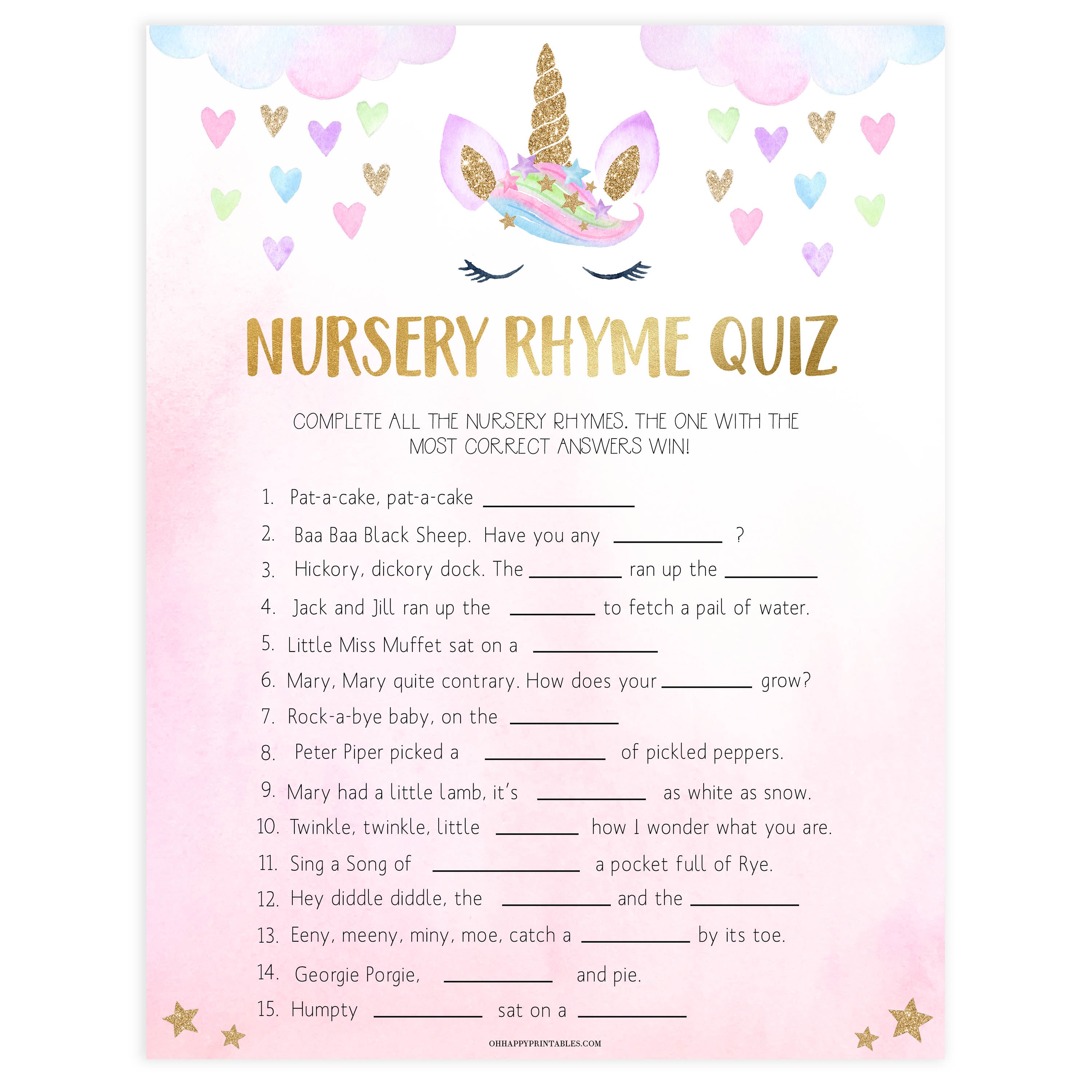 nursery rhyme quiz game, Printable baby shower games, unicorn baby games, baby shower games, fun baby shower ideas, top baby shower ideas, unicorn baby shower, baby shower games, fun unicorn baby shower ideas