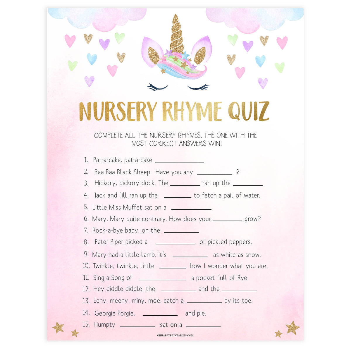 nursery rhyme quiz game, Printable baby shower games, unicorn baby games, baby shower games, fun baby shower ideas, top baby shower ideas, unicorn baby shower, baby shower games, fun unicorn baby shower ideas