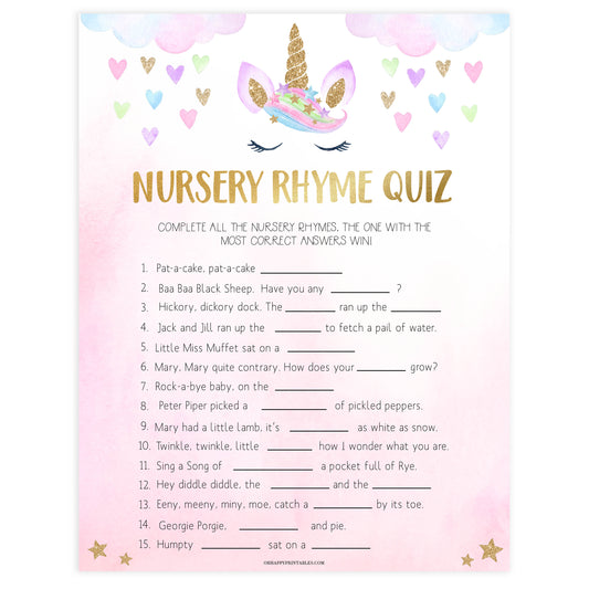 nursery rhyme quiz game, Printable baby shower games, unicorn baby games, baby shower games, fun baby shower ideas, top baby shower ideas, unicorn baby shower, baby shower games, fun unicorn baby shower ideas