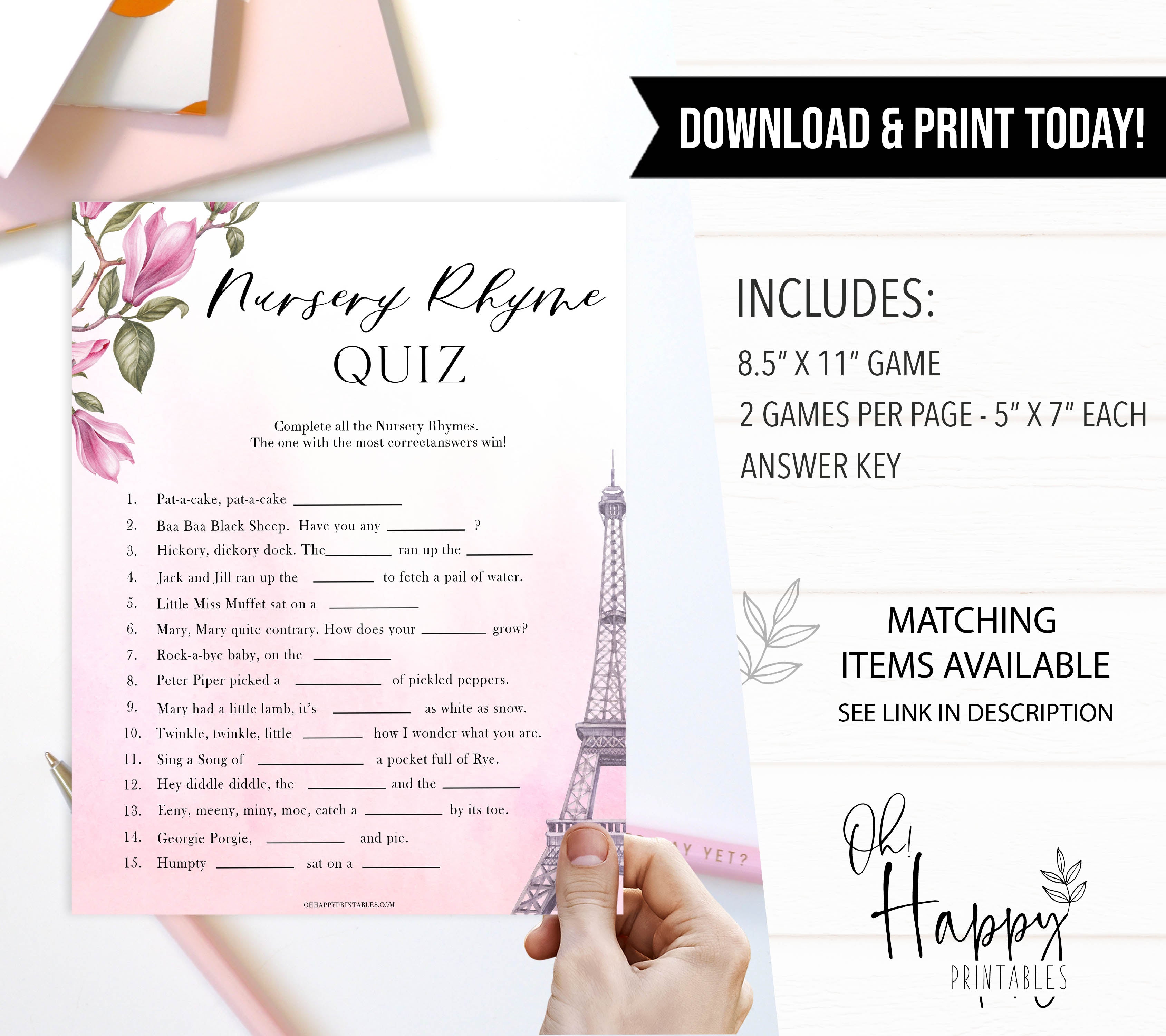 nursery rhyme baby game, Paris baby shower games, printable baby shower games, Parisian baby shower games, fun baby shower games