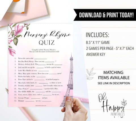 nursery rhyme baby game, Paris baby shower games, printable baby shower games, Parisian baby shower games, fun baby shower games