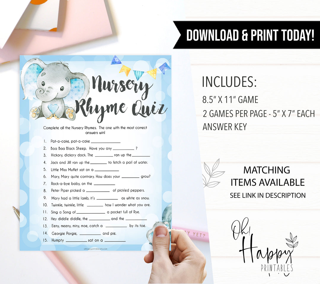 Blue elephant baby games, nursery rhyme quiz, elephant baby games, printable baby games, top baby games, best baby shower games, baby shower ideas, fun baby games, elephant baby shower