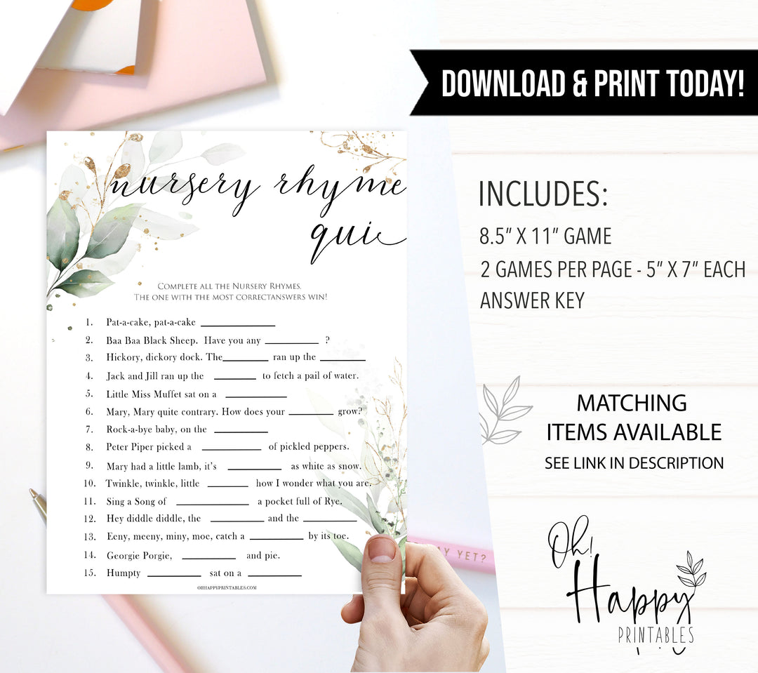 Gold green leaf baby games, nursery rhyme quiz, printable baby games, fun baby games, top baby games to play, gold leaf baby shower, greenery baby shower ideas