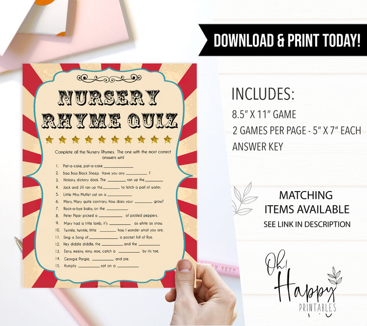Circus baby nursery rhyme quiz baby shower games, circus baby games, carnival baby games, printable baby games, fun baby games, popular baby games, carnival baby shower, carnival theme