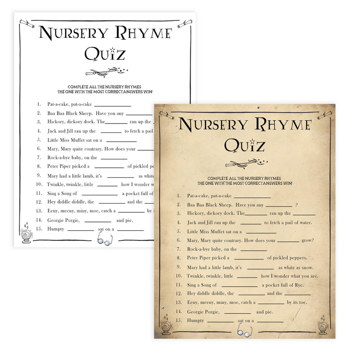 Nursery Rhyme Quiz Baby Game, Wizard baby shower games, printable baby shower games, Harry Potter baby games, Harry Potter baby shower, fun baby shower games,  fun baby ideas