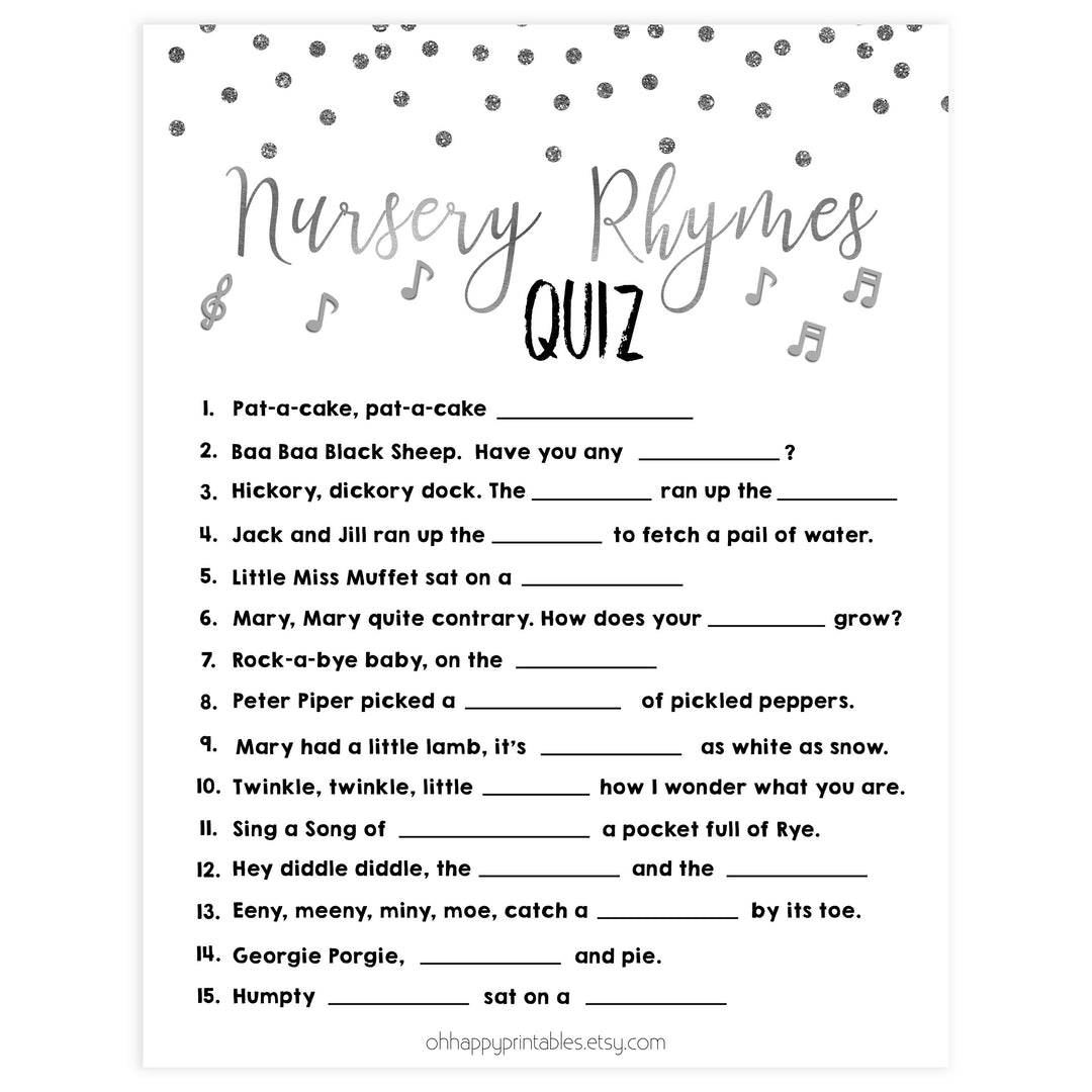 baby nursery rhyme quiz, Printable baby shower games, baby silver glitter fun baby games, baby shower games, fun baby shower ideas, top baby shower ideas, silver glitter shower baby shower, friends baby shower ideas