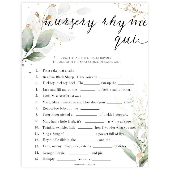 Gold green leaf baby games, nursery rhyme quiz, printable baby games, fun baby games, top baby games to play, gold leaf baby shower, greenery baby shower ideas