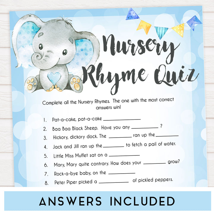 Blue elephant baby games, nursery rhyme quiz, elephant baby games, printable baby games, top baby games, best baby shower games, baby shower ideas, fun baby games, elephant baby shower