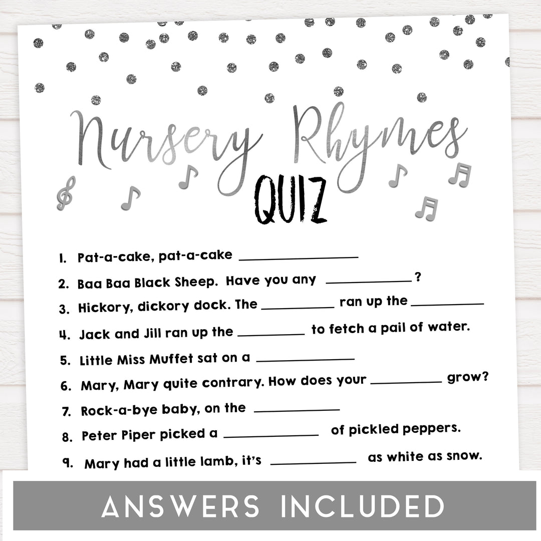 baby nursery rhyme quiz, Printable baby shower games, baby silver glitter fun baby games, baby shower games, fun baby shower ideas, top baby shower ideas, silver glitter shower baby shower, friends baby shower ideas