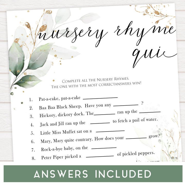 Gold green leaf baby games, nursery rhyme quiz, printable baby games, fun baby games, top baby games to play, gold leaf baby shower, greenery baby shower ideas