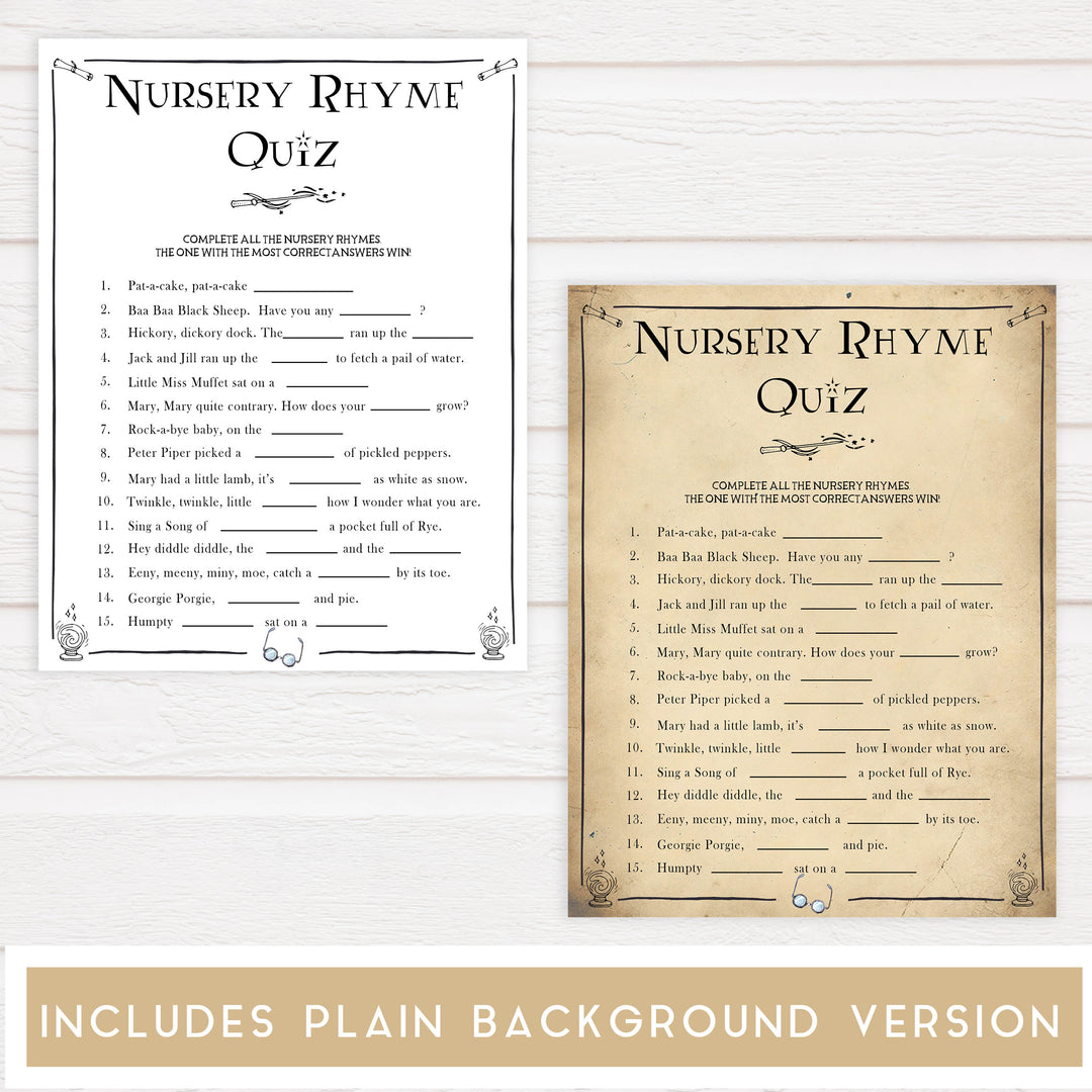 Nursery Rhyme Quiz Baby Game, Wizard baby shower games, printable baby shower games, Harry Potter baby games, Harry Potter baby shower, fun baby shower games,  fun baby ideas