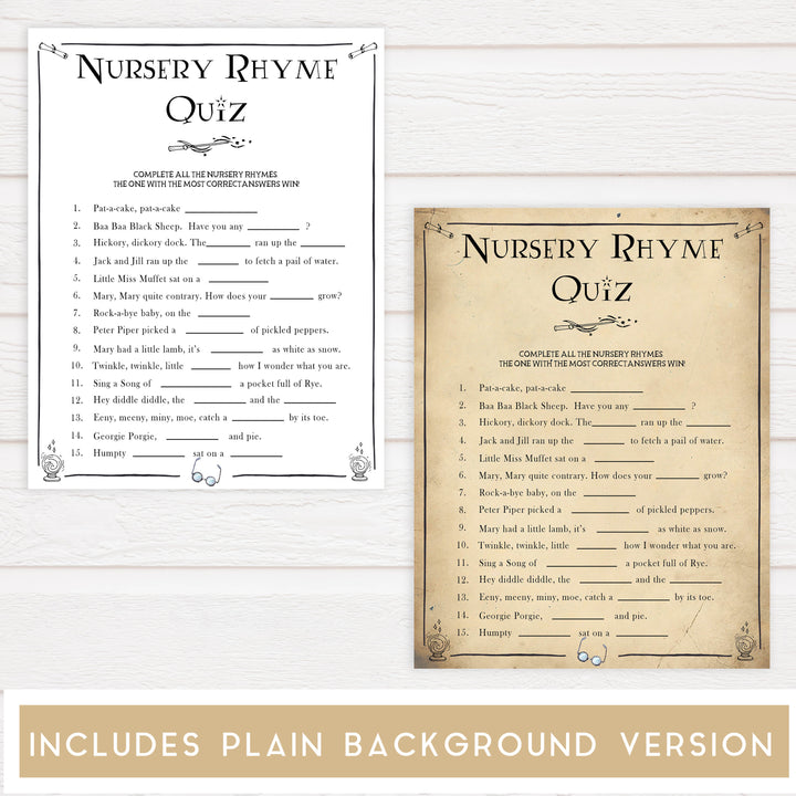 Nursery Rhyme Quiz Baby Game, Wizard baby shower games, printable baby shower games, Harry Potter baby games, Harry Potter baby shower, fun baby shower games,  fun baby ideas