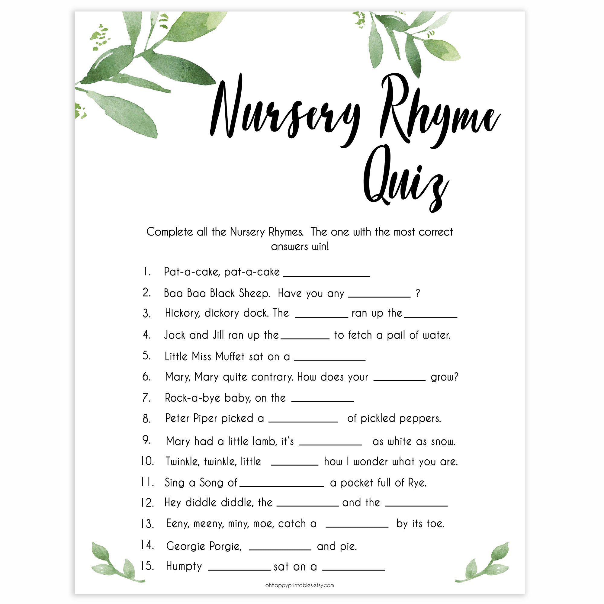 botanical nursery rhyme quiz, printable baby shower games, baby games, fun baby games, popular baby games