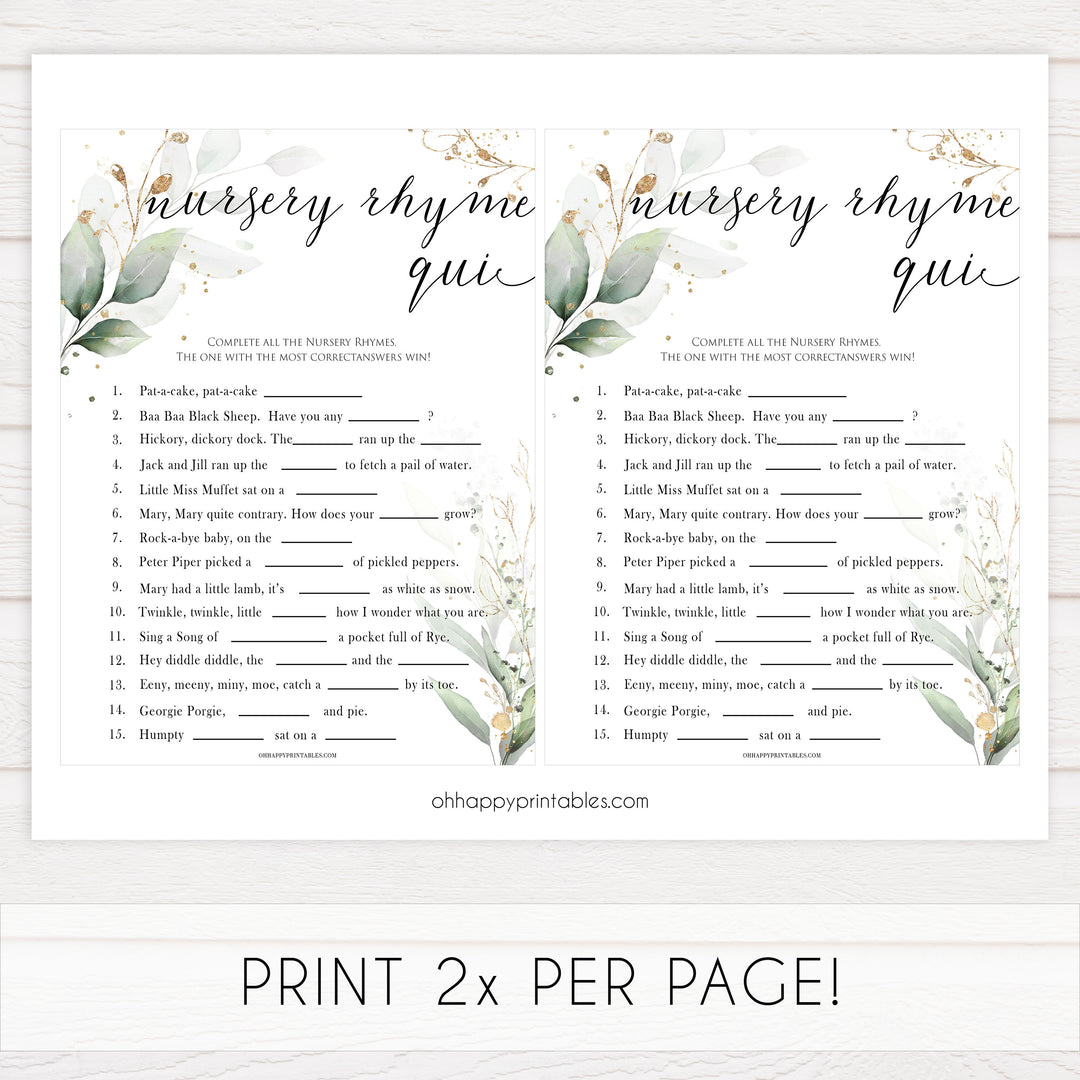 Gold green leaf baby games, nursery rhyme quiz, printable baby games, fun baby games, top baby games to play, gold leaf baby shower, greenery baby shower ideas