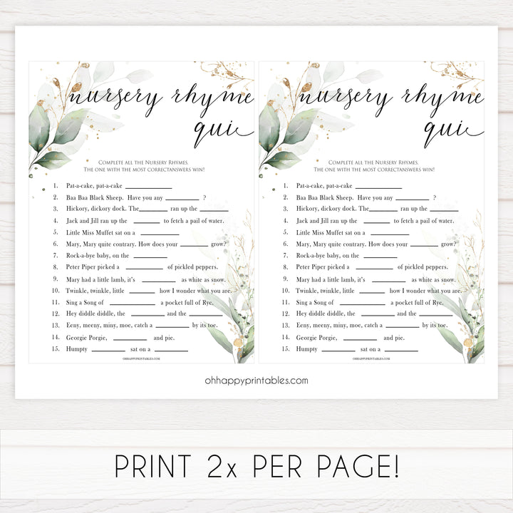 Gold green leaf baby games, nursery rhyme quiz, printable baby games, fun baby games, top baby games to play, gold leaf baby shower, greenery baby shower ideas