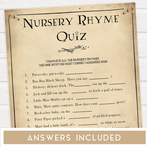 Nursery Rhyme Quiz Baby Game, Wizard baby shower games, printable baby shower games, Harry Potter baby games, Harry Potter baby shower, fun baby shower games,  fun baby ideas