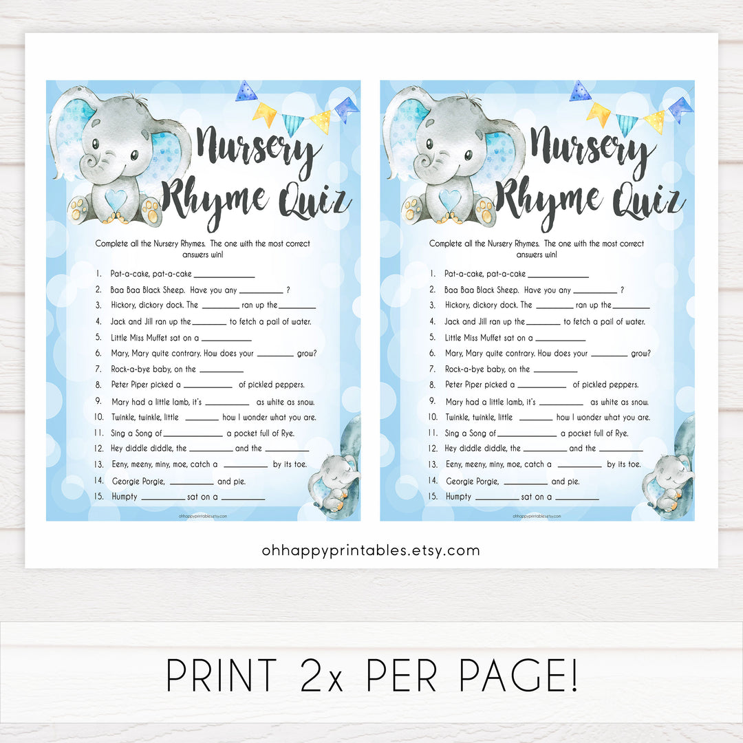Blue elephant baby games, nursery rhyme quiz, elephant baby games, printable baby games, top baby games, best baby shower games, baby shower ideas, fun baby games, elephant baby shower