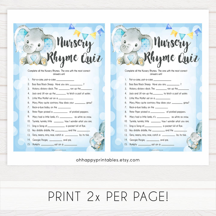 Blue elephant baby games, nursery rhyme quiz, elephant baby games, printable baby games, top baby games, best baby shower games, baby shower ideas, fun baby games, elephant baby shower