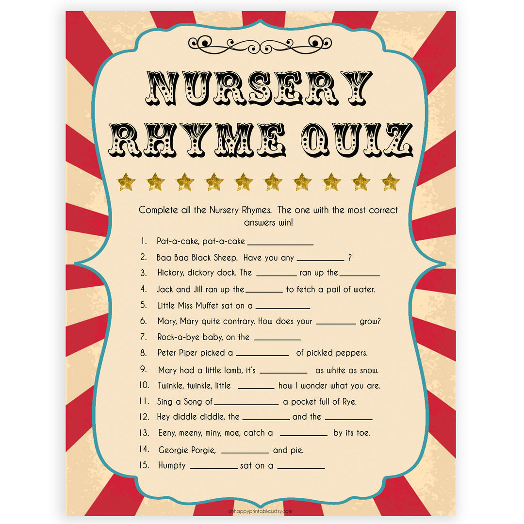 Circus baby nursery rhyme quiz baby shower games, circus baby games, carnival baby games, printable baby games, fun baby games, popular baby games, carnival baby shower, carnival theme
